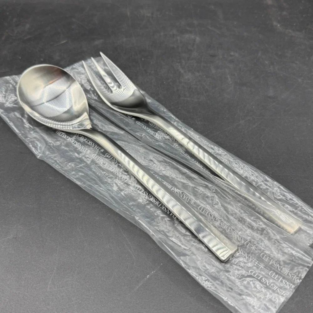 Vintage Dansk Parallel Diamond Serving Spoon Serving Fork Set Silverware OS Boho
